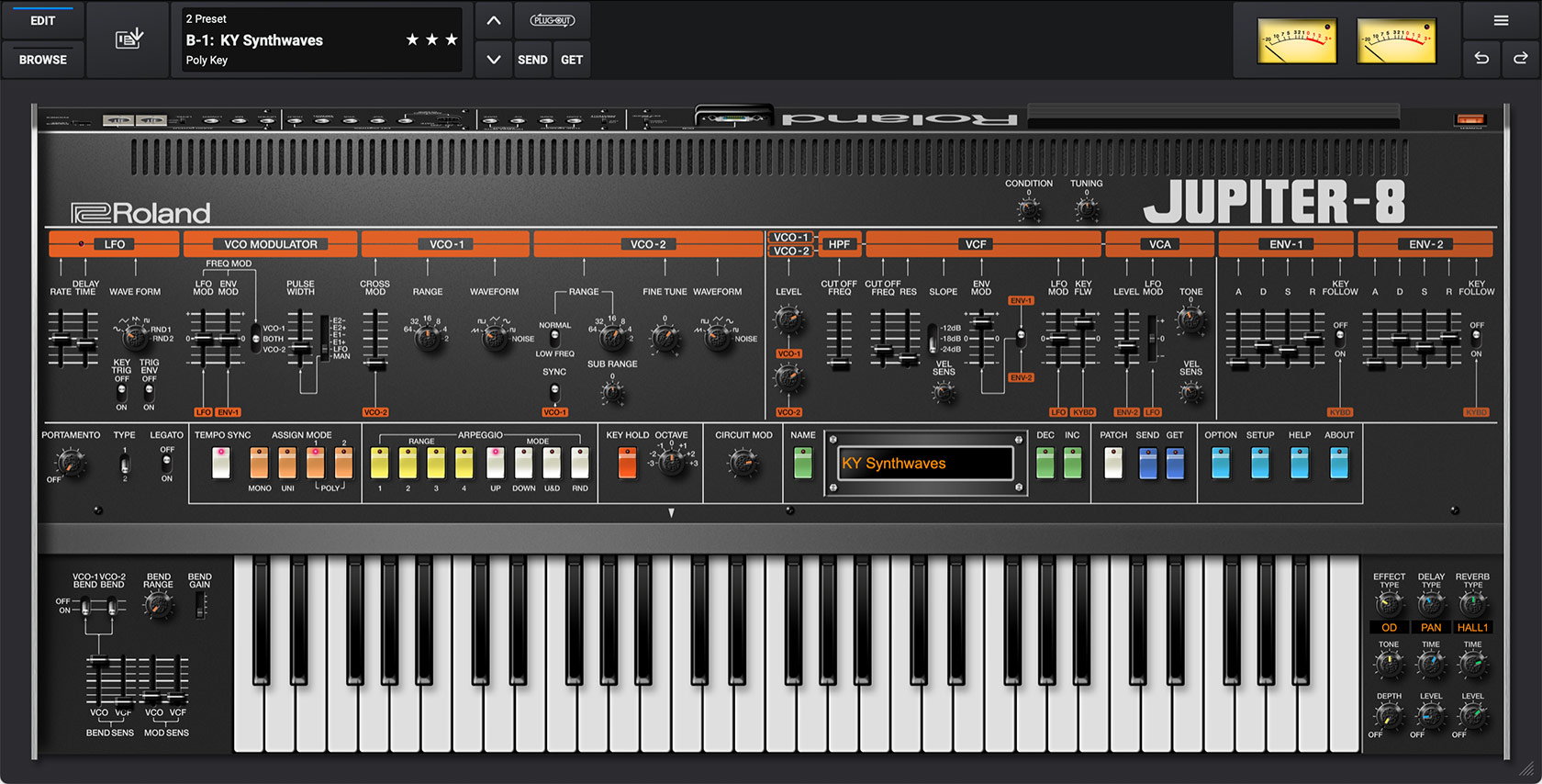 Roland JUPITER-8（ソフト版）の画面。オレンジの帯にLFO・VCO-1・VCO-2・VCF・VCA・ENV-1・ENV-2が並び、下にアルペジオのボタンと鍵盤（Roland公式の製品画像）