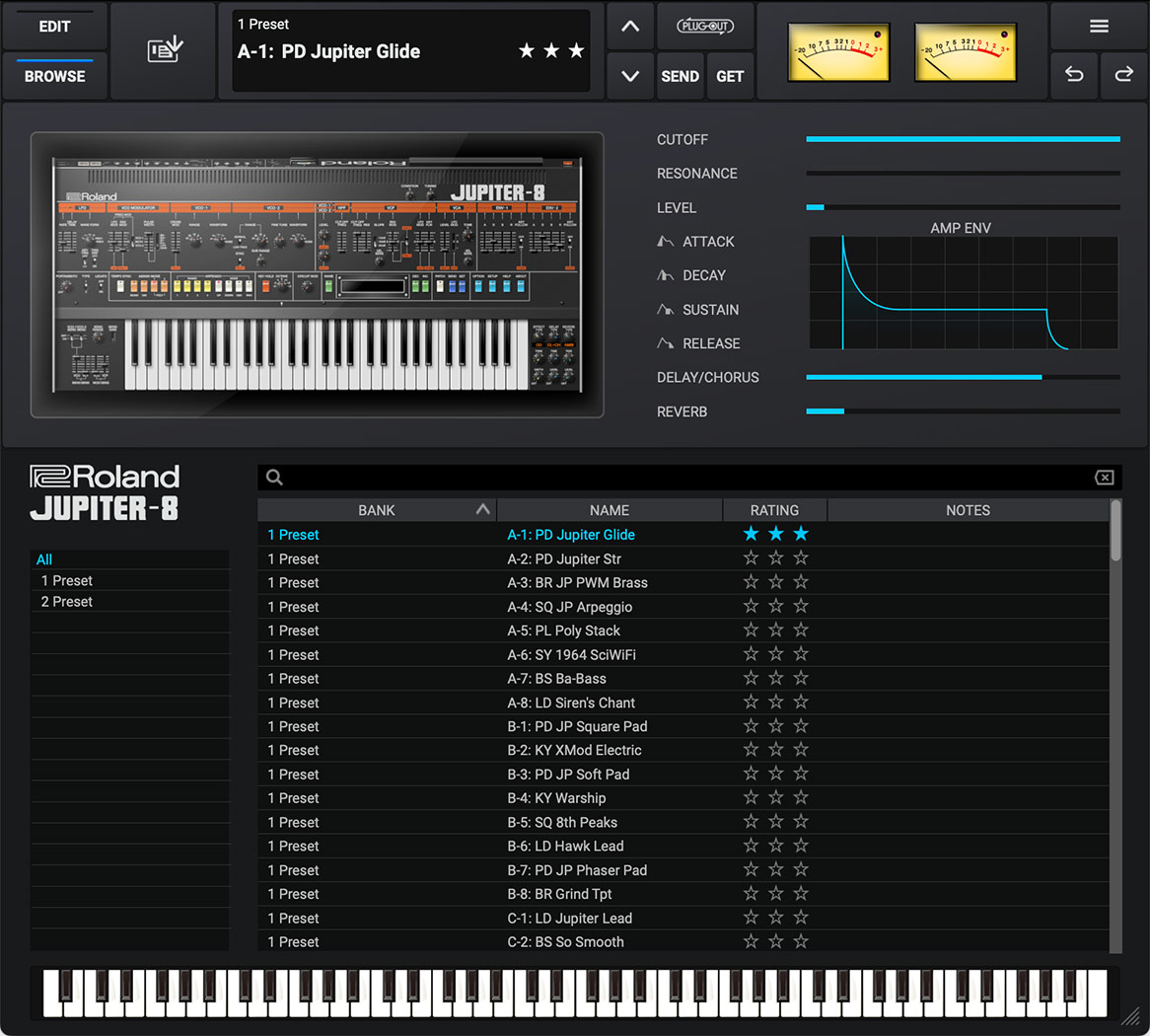JUPITER-8のプリセットのブラウザ。上にCUTOFF・RESONANCE・ATTACKなどのかんたんな調整、下にPD Jupiter Glideなどのプリセット名と星の評価（Roland公式の製品画像）