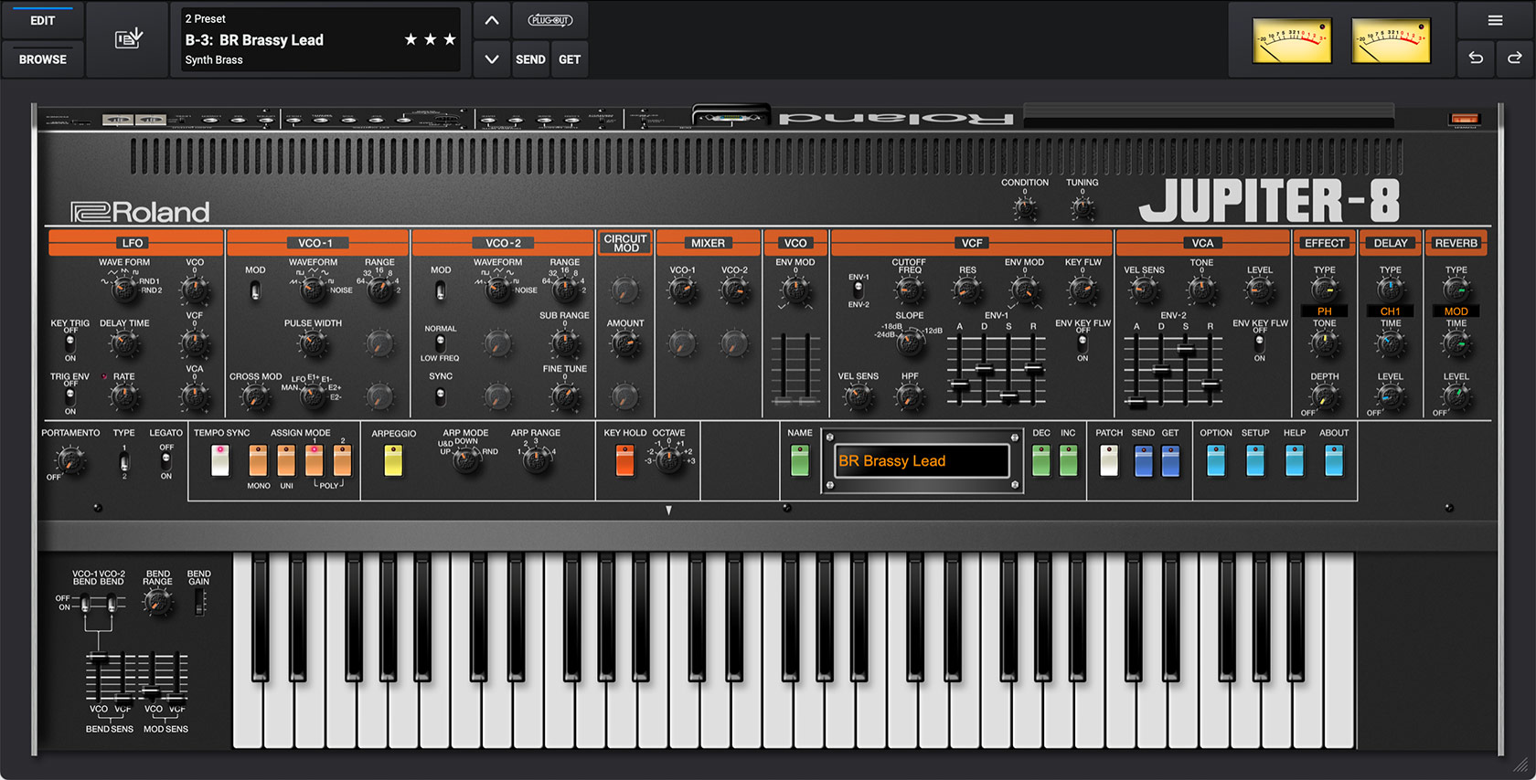 JUPITER-8のもう一つの編集画面。CIRCUIT MOD（回路のくせを動かすつまみ）と、右端にEFFECT・DELAY・REVERBの欄がある（Roland公式の製品画像）