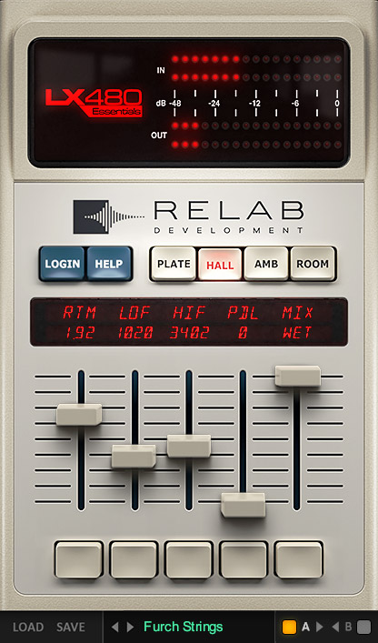 RELAB LX480 Essentials の画面。PLATE・HALL・AMB・ROOM の4つのボタンとフェーダー（RELAB 公式の製品画像）