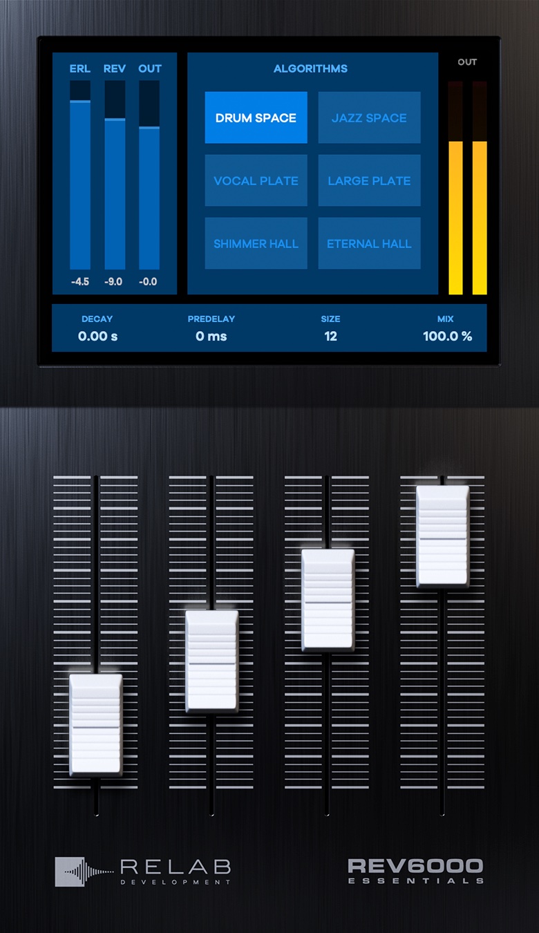 RELAB REV6000 Essentials の画面。DRUM SPACE・JAZZ SPACE・VOCAL PLATE・LARGE PLATE などのアルゴリズムと、4本のフェーダー（RELAB 公式の製品画像）