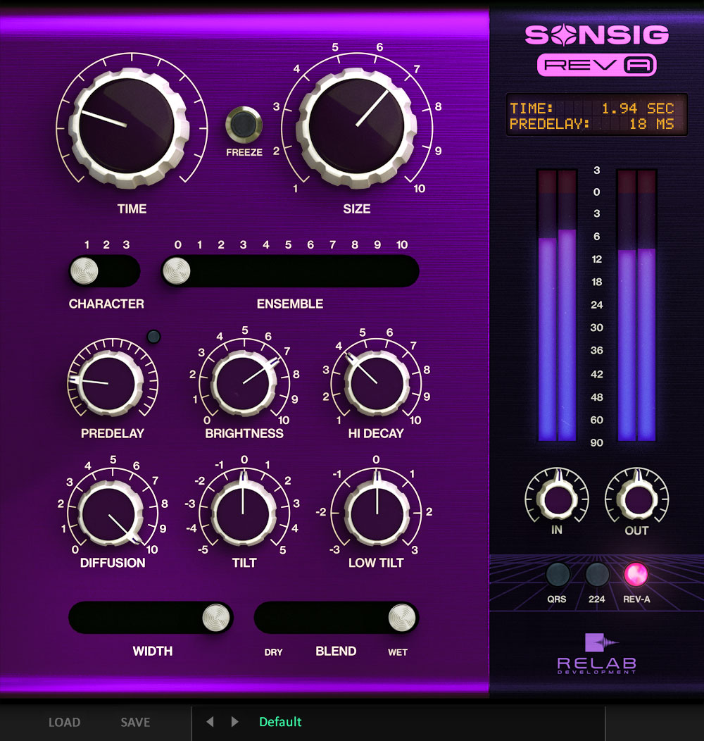 RELAB Sonsig Rev-A の画面。TIME・SIZE の大きなつまみ、CHARACTER と ENSEMBLE、右下に QRS・224・REV-A の出力モードの切り替え（RELAB 公式の製品画像）
