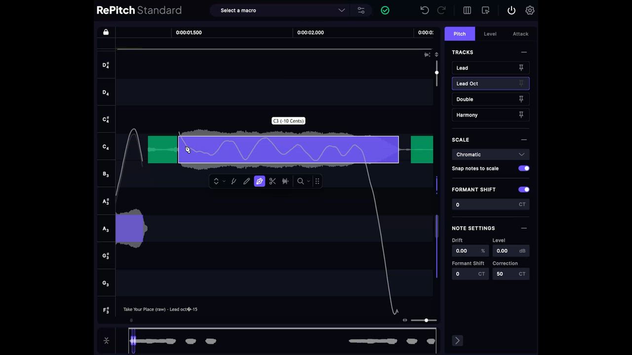 RePitch 2 Standard の画面。ボーカルの音がピアノロールのような音符で並び、選んだ音符の揺れ（ピッチの線）を残したまま音程を直せる（Synchro Arts公式サイトより）