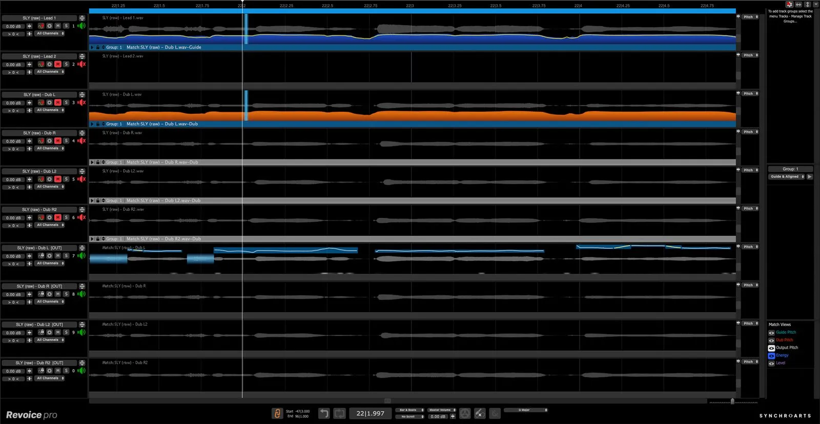 Revoice Pro 5 の画面。メインの声をガイドにして、ダブリングのタイミングと音程を合わせたトラックが下に並ぶ（Synchro Arts公式サイトより）