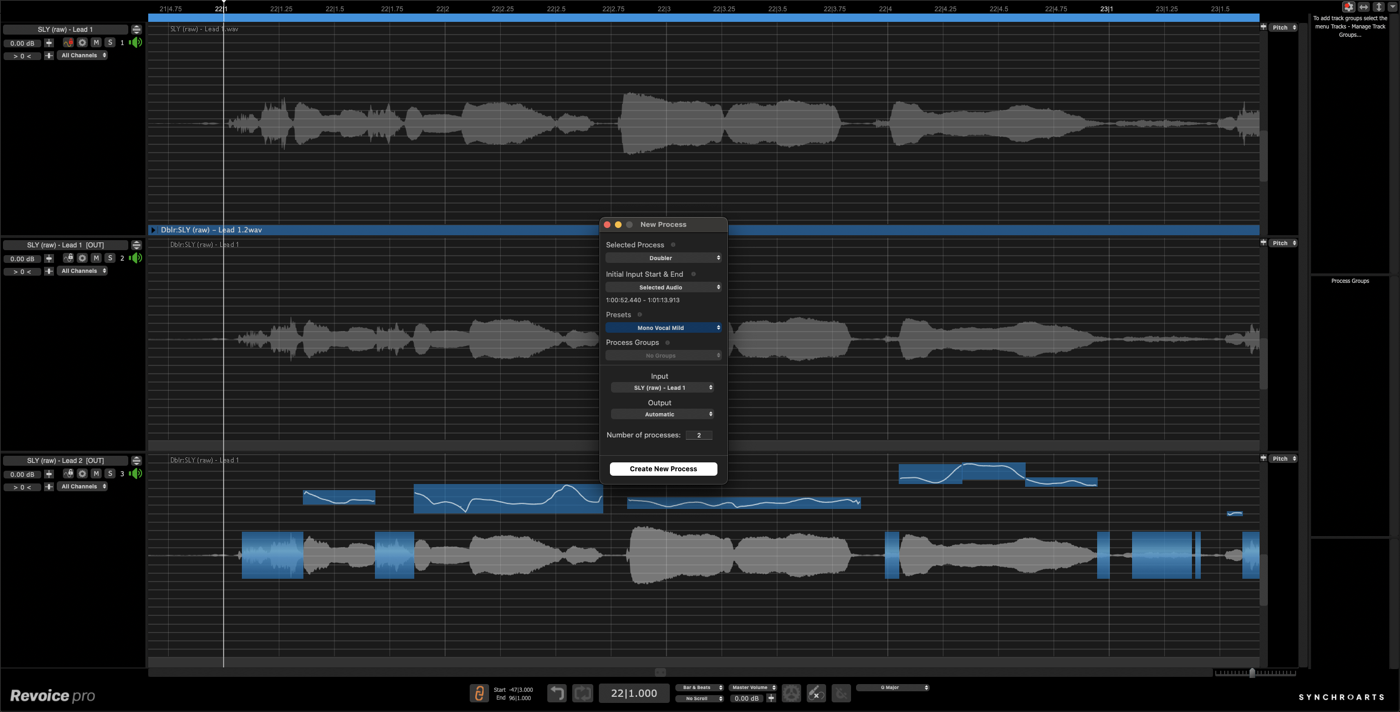 Revoice Pro 5 のダブラー。New Process の窓で処理の種類を選び、元の声から重ねる声を作る（Plugin Boutique の製品ページより）
