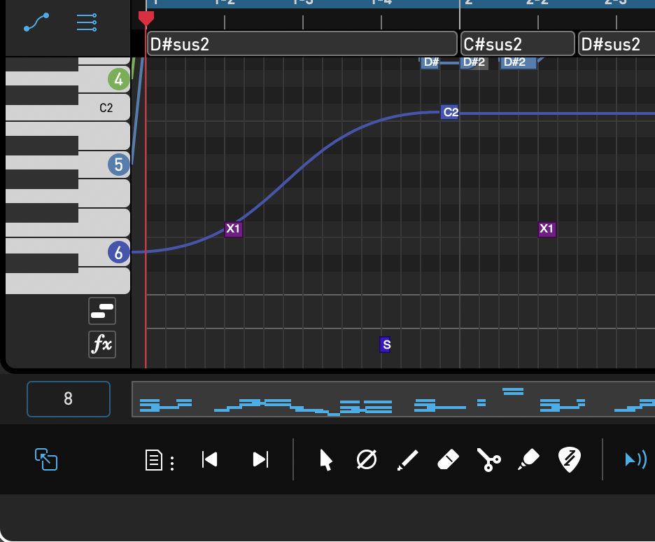 Riffer の画面。左下のボタンから MIDI を Logic へ移せる。上にはミュート(X1)とスライド(S)の印も入っている