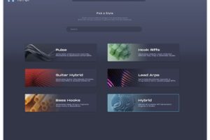Riffer 4のPick a Style画面。Pulse・Hook Riffs・Guitar Hybrid・Lead Arps・Bass Hooks・Hybridの6つ（Plugin Boutiqueの製品画像）