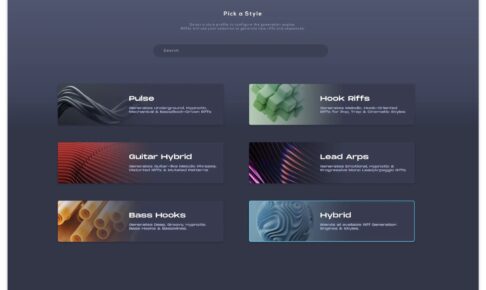 Riffer 4のPick a Style画面。Pulse・Hook Riffs・Guitar Hybrid・Lead Arps・Bass Hooks・Hybridの6つ（Plugin Boutiqueの製品画像）