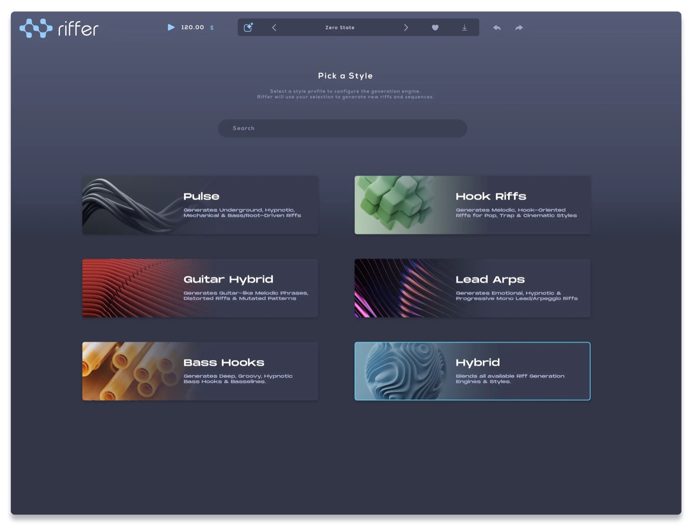 Riffer 4のPick a Style画面。Pulse・Hook Riffs・Guitar Hybrid・Lead Arps・Bass Hooks・Hybridの6つ（Plugin Boutiqueの製品画像）