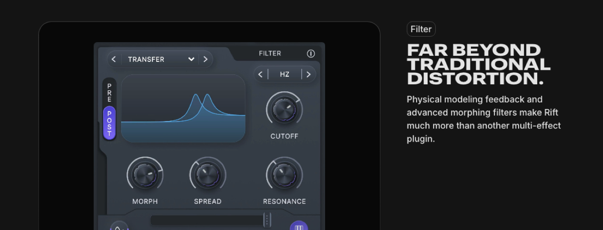 Rift 2.0のフィルター部（Minimal Audio公式サイトより）。MORPH・CUTOFF・RESONANCEのつまみ