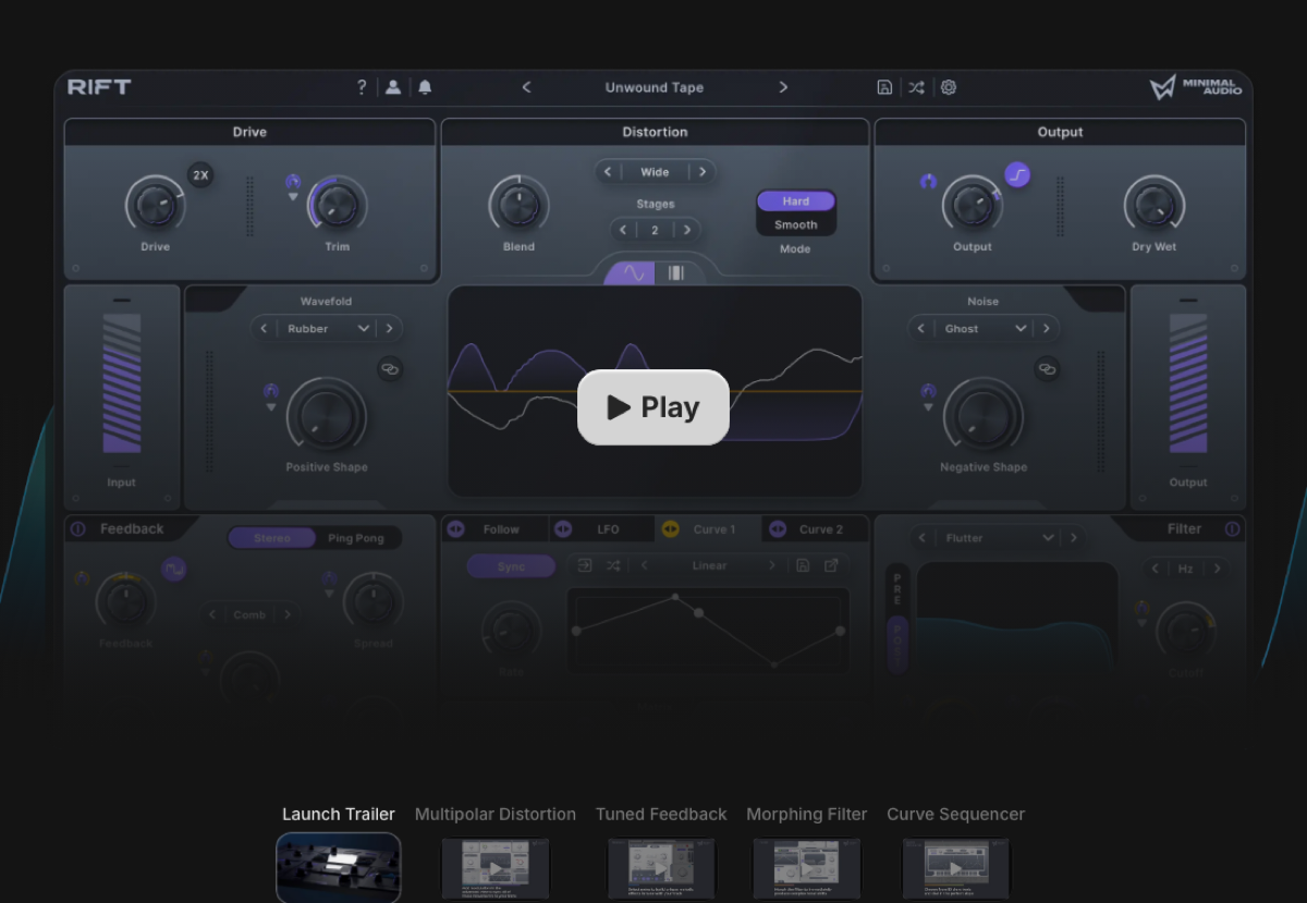 Minimal Audio Rift 2.0のメイン画面（Minimal Audio公式サイトより）。上段にDrive・Distortion・Output、中央に波形の表示