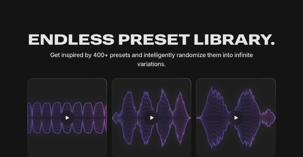 Rift 2.0のプリセットライブラリの説明（Minimal Audio公式サイトより）。400以上のプリセットとランダム化