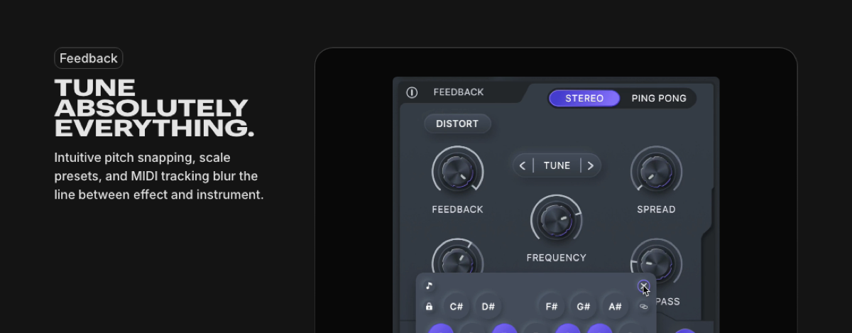 Rift 2.0のフィードバック部と音程の設定（Minimal Audio公式サイトより）。TUNEとスケールの鍵盤