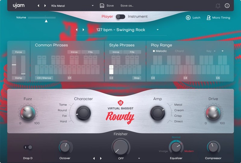 Virtual Bassist ROWDY 2の画面。Fuzz・Character・Amp(Metal/Cream/Crisp/Direct)・Driveのつまみ(Plugin Boutiqueの製品画像)