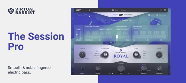 Virtual Bassist ROYAL 2の製品画像。なめらかな指弾きのエレキベースの音源(Plugin Boutiqueの製品画像)