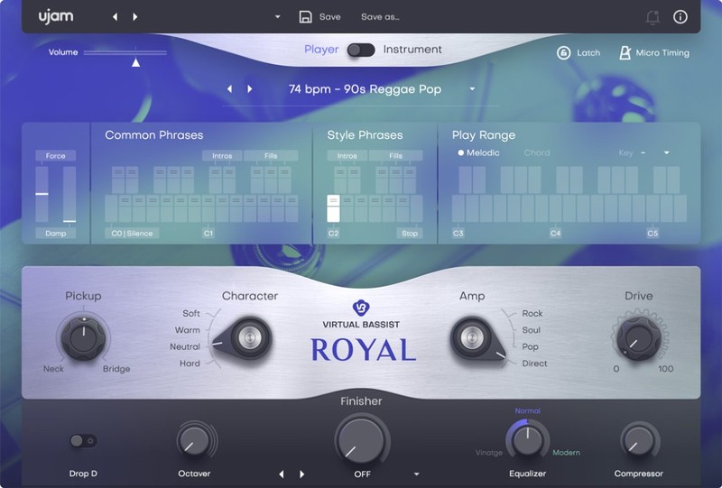 Virtual Bassist ROYAL 2の画面。上にフレーズを選ぶ鍵盤、下にPickup・Character・Amp・Driveのつまみ(Plugin Boutiqueの製品画像)