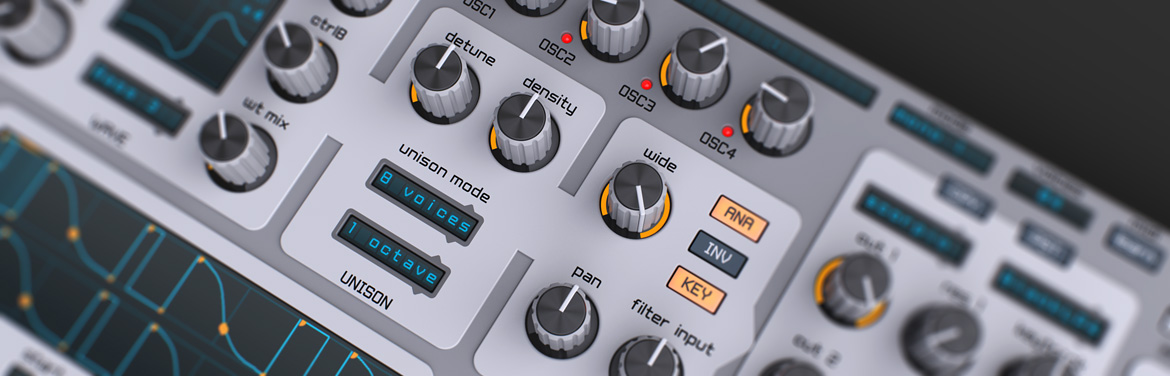 Spire のオシレーターとユニゾンの部分。detune・density などのつまみと、ユニゾンの声の数を選ぶ表示（Reveal Sound 公式の画像）