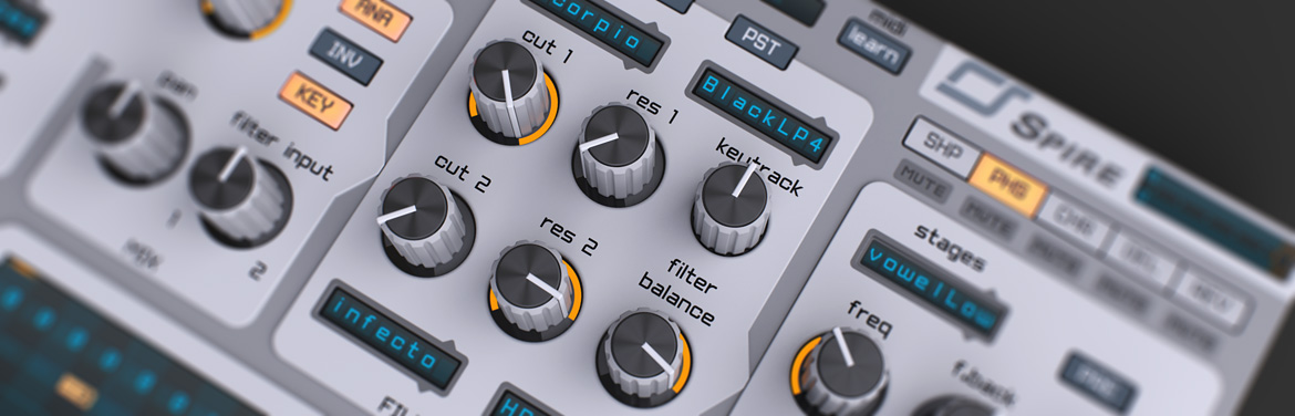 Spire の2つのフィルターの部分。cut・res のつまみとフィルターの種類の表示（Reveal Sound 公式の画像）
