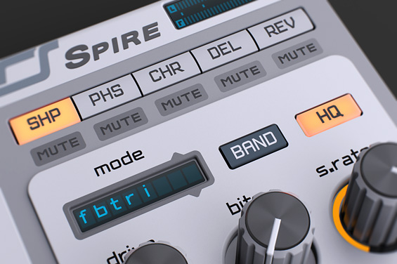 Spire の内蔵エフェクトのタブ。SHP・PHS・CHR・DEL・REV が並ぶ（Reveal Sound 公式の画像）