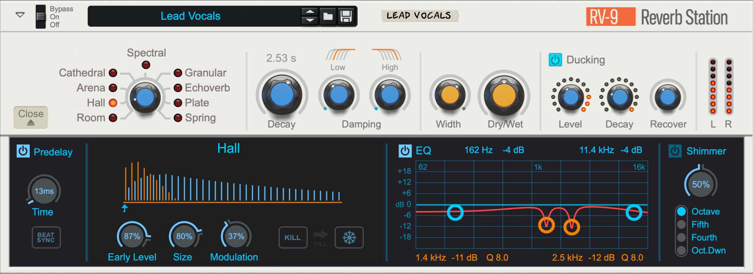 Reason 14 で新しく入ったリバーブ RV-9 Reverb Station の画面。Hall や Spring など9つの種類を選ぶつまみ（Reason Studios 公式の画像）