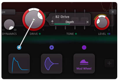 Saturn 2 のモジュレーション。下のエンベロープの丸をドラッグして、DRIVE のつまみにつないでいる（FabFilter 公式サイトの画像）
