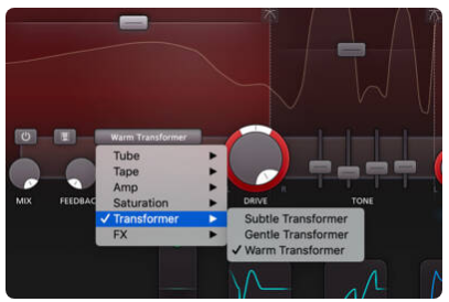 Saturn 2 の歪みスタイルの選択メニュー。Tube・Tape・Amp・Saturation・Transformer・FX の中から Warm Transformer を選んでいる（FabFilter 公式サイトの画像）