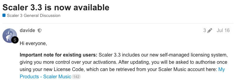 Scaler Music公式フォーラムのScaler 3.3の告知：新しいLicense Codeで一度だけ認証し直す（2026年7月16日）