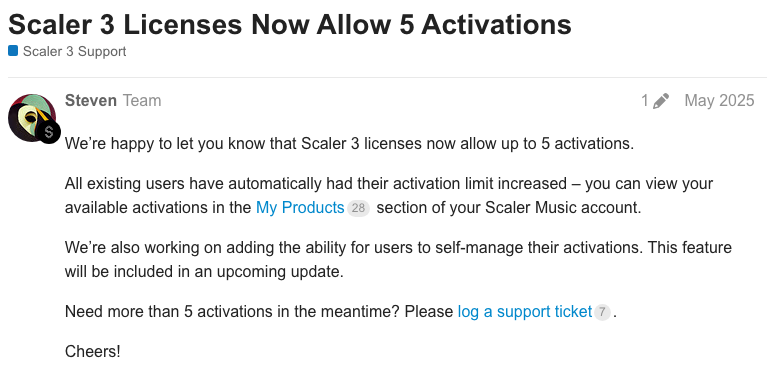 Scaler Music公式フォーラムの告知：Scaler 3のライセンスは最大5回まで認証できる（2025年5月）