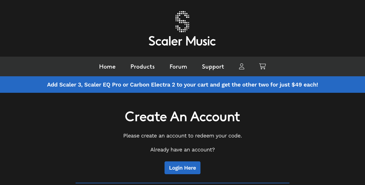 Scaler Music公式のredeemページ。コードを入れる前にアカウントを作る画面（2026年10月20日時点）