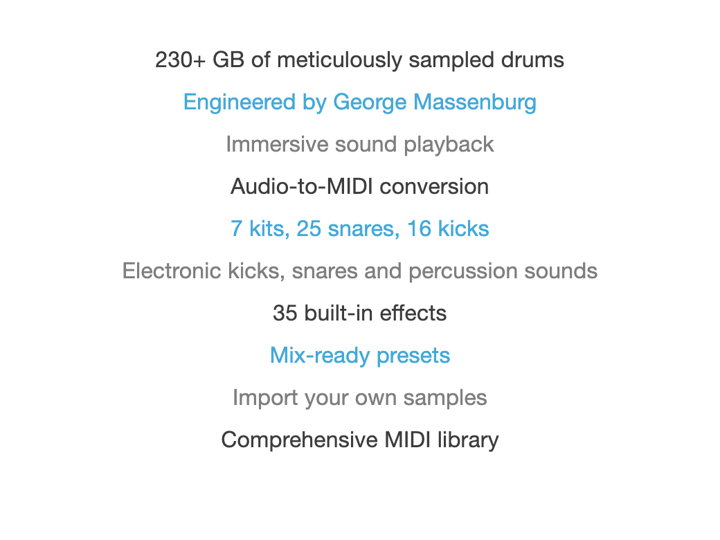 Toontrack公式サイトのSuperior Drummer 3の特徴一覧。230GB以上のドラムサンプル、7キット・25スネア・16キック、35種の内蔵エフェクトなど（公式サイトより）