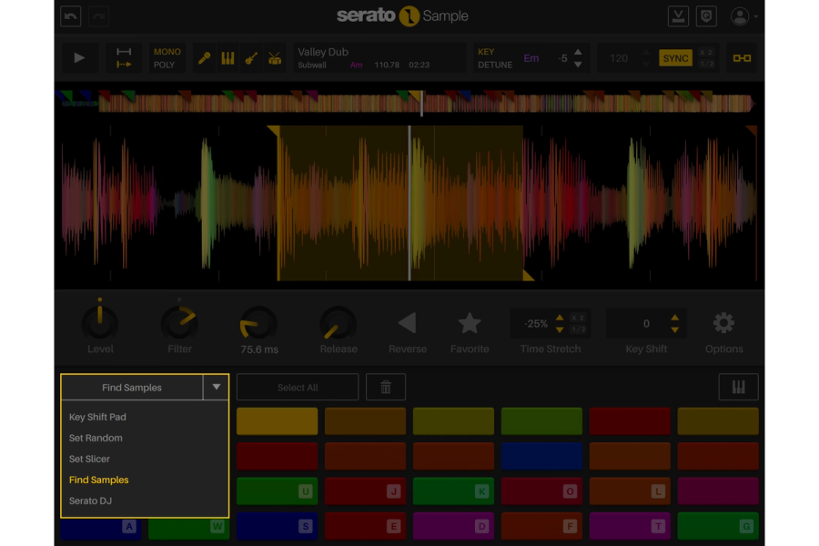 Serato Sampleのパッドの割り当て方を選ぶメニュー。Find Samples(使えそうな場所を自動で探す)やSet Slicerなどが並ぶ(Serato公式の製品画像)