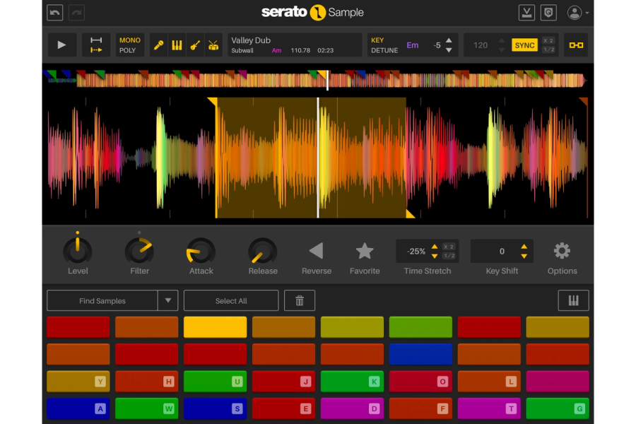 Serato Sampleのメイン画面。上に波形、中央に音の調整のつまみ、下に色分けされたパッド(Serato公式の製品画像)