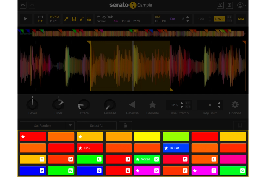Serato Sampleのパッド。Kick・Vocal・Hi Hatなどの名前を付けて色分けしたパッドが並ぶ(Serato公式の製品画像)