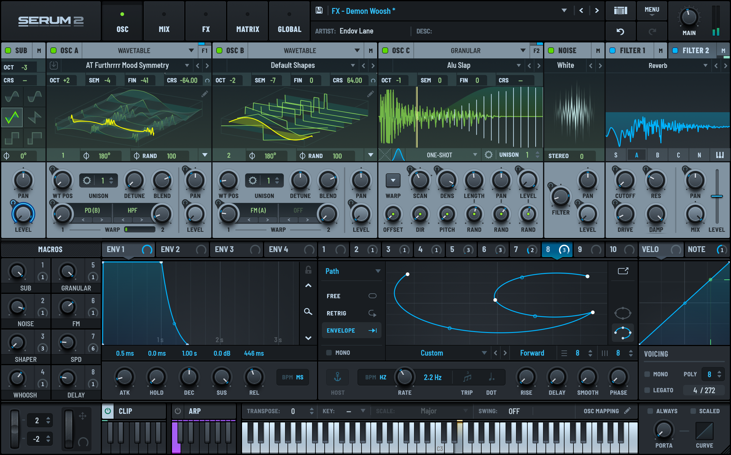Serum 2のメイン画面。ウェーブテーブル2つとグラニュラーの3つのオシレーターが並ぶ（Xfer Records公式の製品画像）