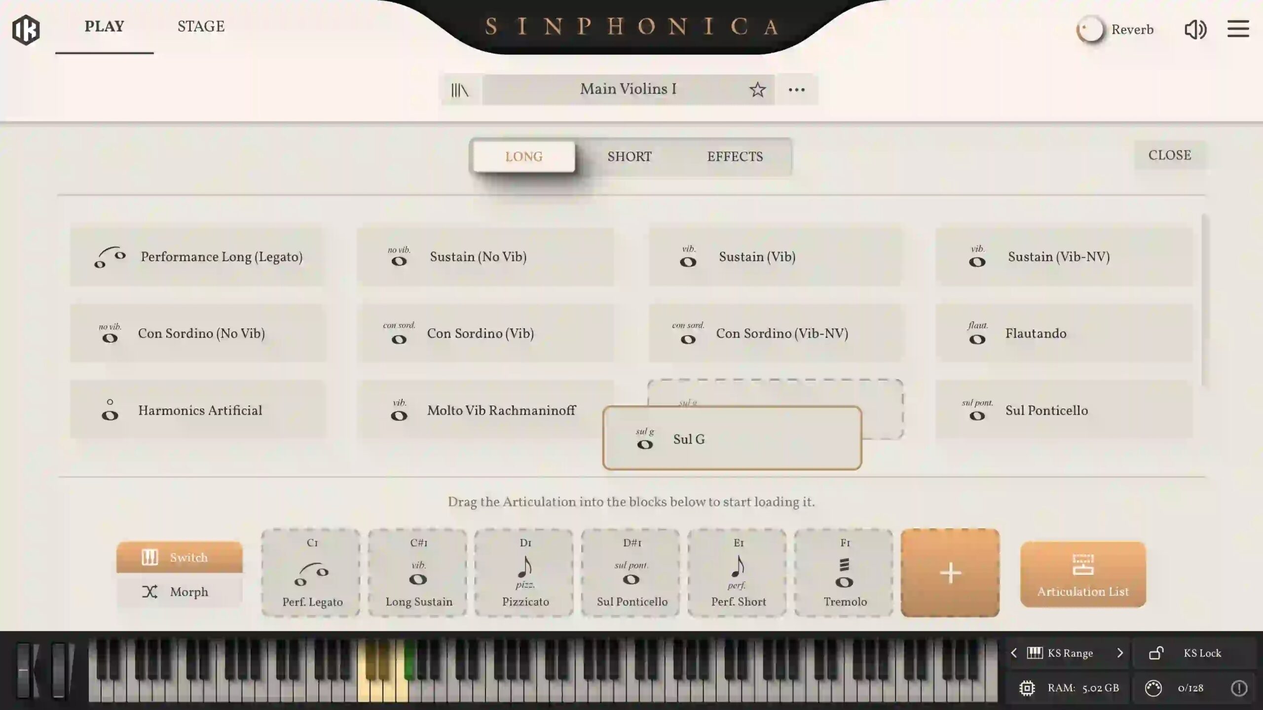 IK Multimedia公式サイトのSinphonicaのアーティキュレーション一覧。LONG・SHORT・EFFECTSに分かれ、Con SordinoやFlautando、Sul Gなどをドラッグして読み込む