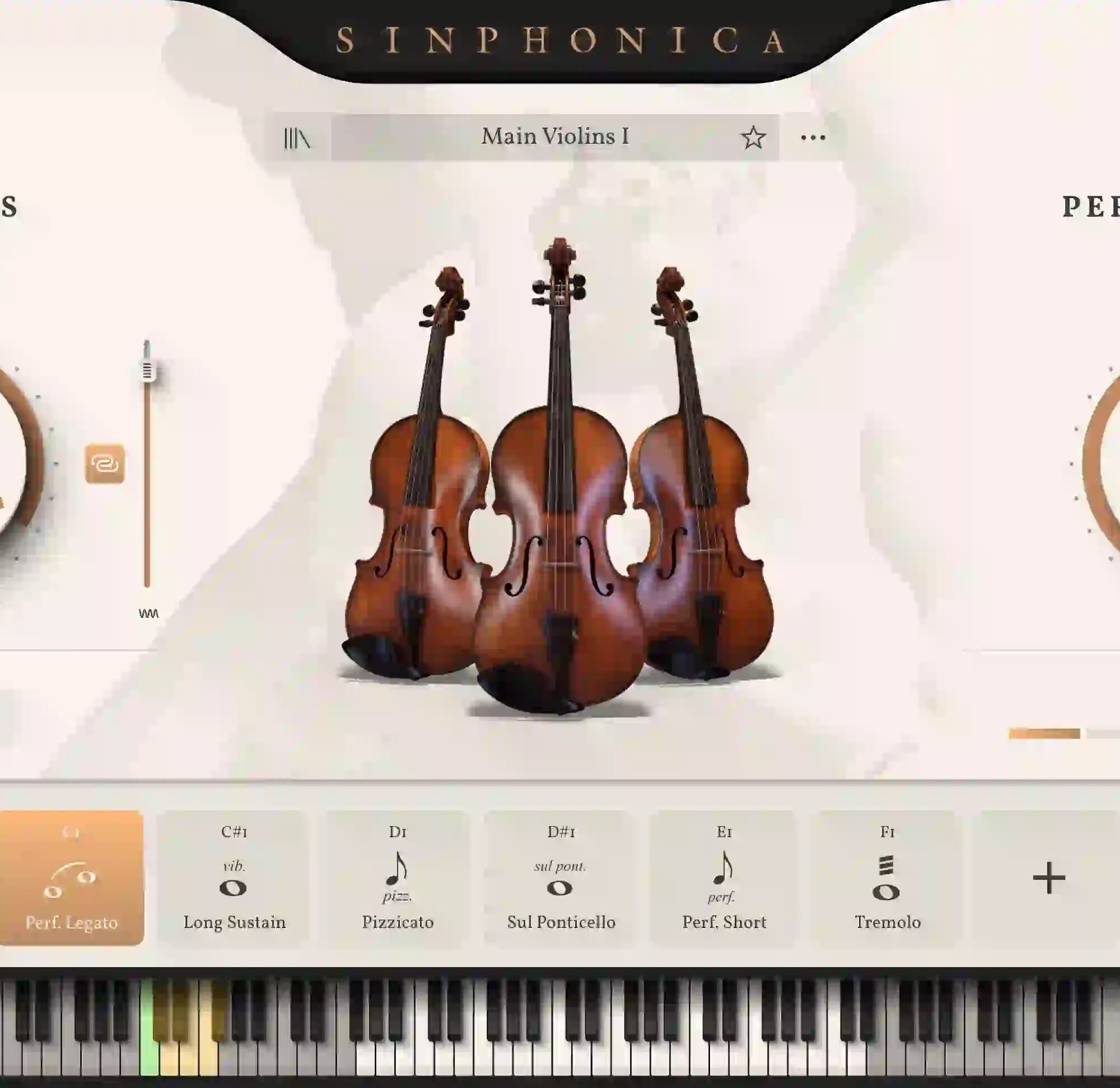 IK Multimedia公式サイトのSinphonica Maestosa Stringsの画面。Main Violins Iを読み込み、Perf. Legato・Long Sustain・Pizzicato・Sul Ponticello・Perf. Short・Tremoloが鍵盤の上に並ぶ