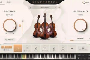 IK Multimedia公式サイトのSinphonica Maestosa Stringsの画面。Main Violins Iを読み込み、Perf. Legato・Long Sustain・Pizzicato・Sul Ponticello・Perf. Short・Tremoloが鍵盤の上に並ぶ