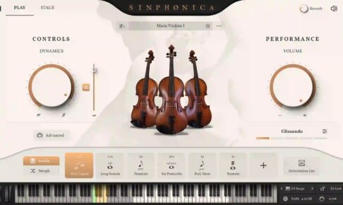 IK Multimedia公式サイトのSinphonica Maestosa Stringsの画面。Main Violins Iを読み込み、Perf. Legato・Long Sustain・Pizzicato・Sul Ponticello・Perf. Short・Tremoloが鍵盤の上に並ぶ
