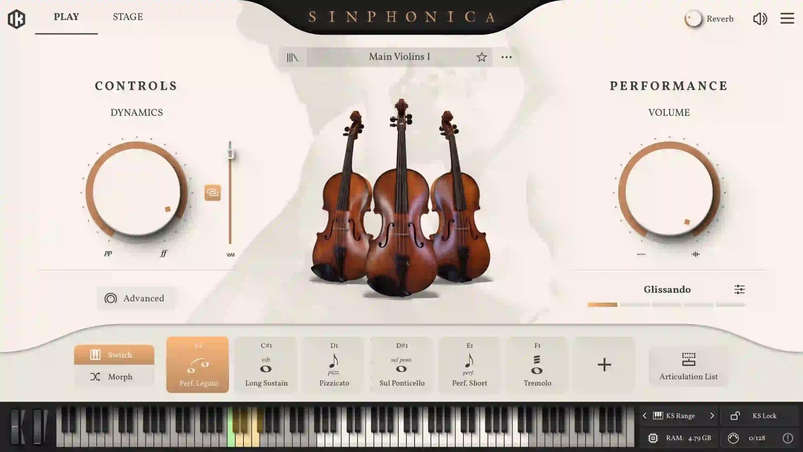 IK Multimedia公式サイトのSinphonica Maestosa Stringsの画面。Main Violins Iを読み込み、Perf. Legato・Long Sustain・Pizzicato・Sul Ponticelloなどの奏法が並ぶ