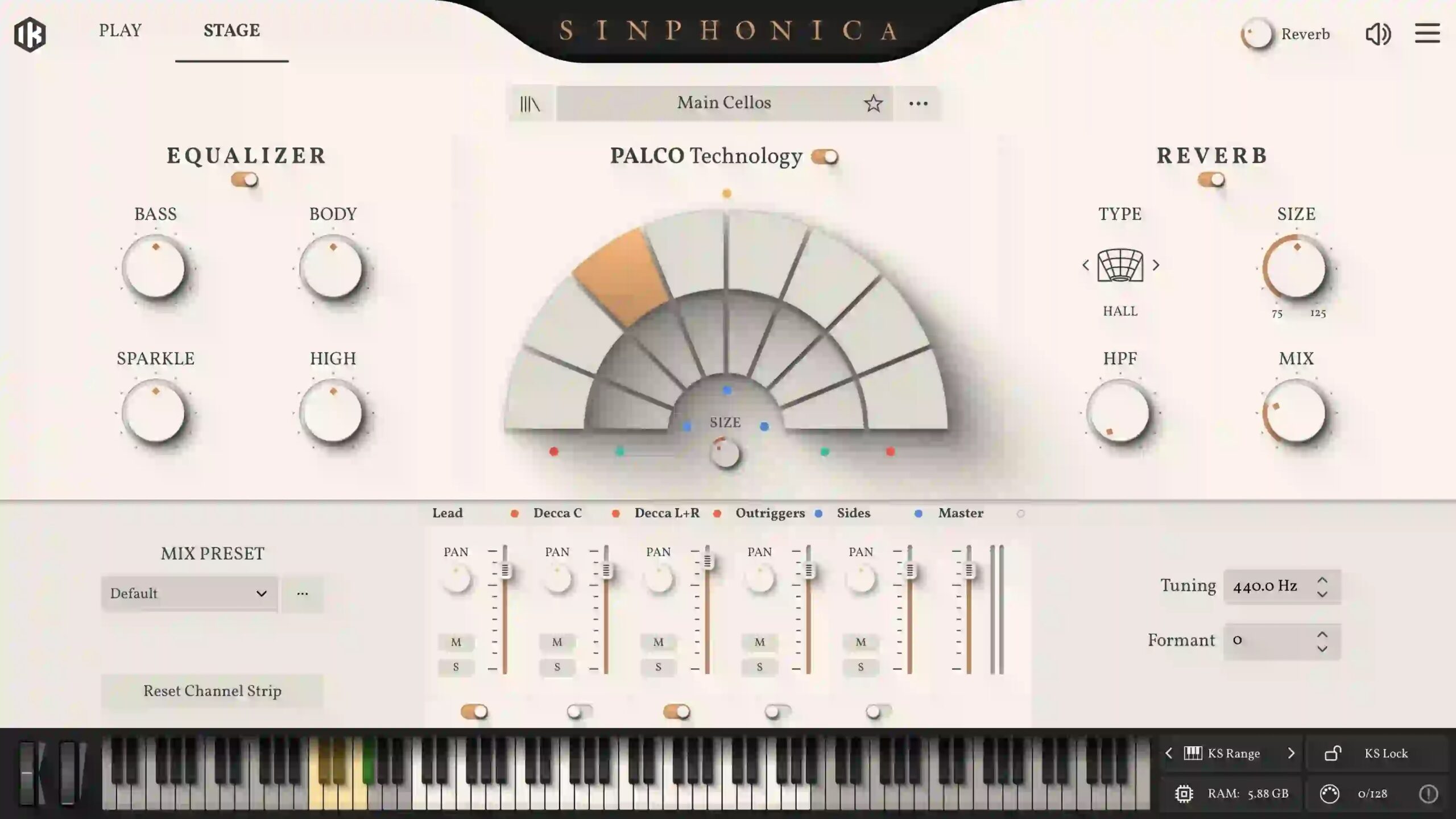 IK Multimedia公式サイトのSinphonicaのSTAGE画面。PALCO Technologyで舞台上の座る位置を選び、Lead・Decca・Outriggers・Sidesのマイクを混ぜる