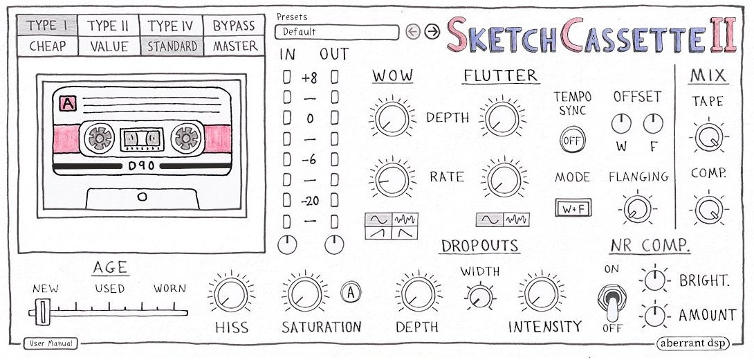 SketchCassette IIの画面。左にカセットとテープの種類、中央にWOW・FLUTTER、下にAGE・HISS・SATURATION・DROPOUTS（Aberrant DSP公式サイトより）