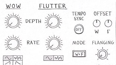 SketchCassette IIのWOWとFLUTTER。DEPTHとRATEのつまみ、TEMPO SYNC、MODE、FLANGING（Aberrant DSP公式サイトより）