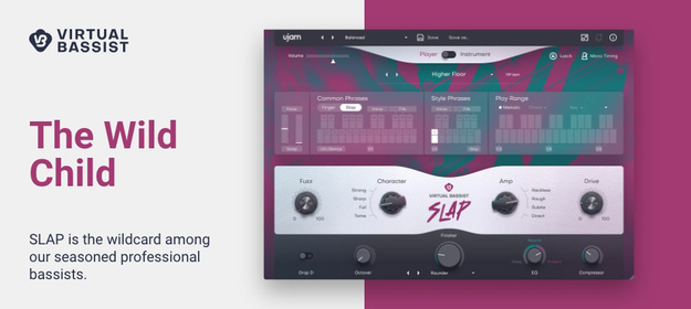 Virtual Bassist SLAPの製品画像。スラップと指弾きの両方を鳴らせるエレキベースの音源(Plugin Boutiqueの製品画像)