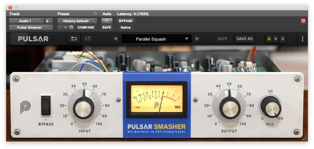 Pulsar Smasher の画面。つまみは INPUT・OUTPUT・MIX の3つと BYPASS だけ（Pulsar Audio 公式サイトより）