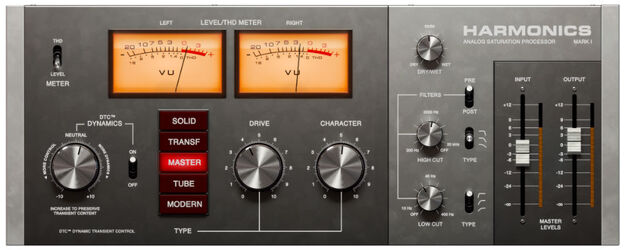 Softube Harmonics の画面。SOLID・TRANSF・MASTER・TUBE・MODERN の5つの歪みの種類、DRIVE・CHARACTER、HIGH CUT・LOW CUT（Plugin Boutique の製品画像）