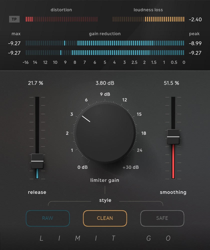 Softube Limit Go の画面。上に distortion・loudness loss・gain reduction のメーター、中央に limiter gain のつまみ、左右に release と smoothing、下に RAW・CLEAN・SAFE のスタイル（Softube 公式の画像）