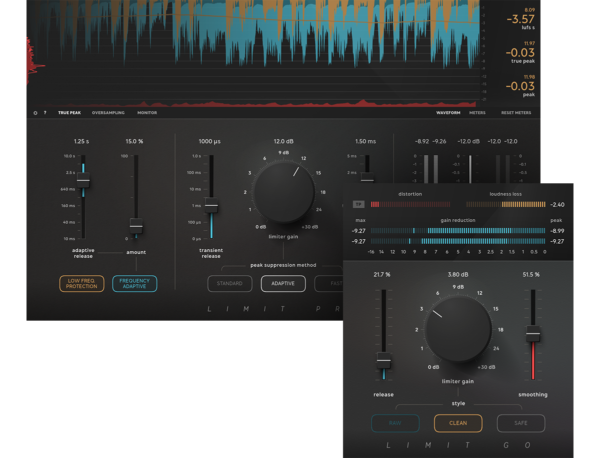Softube Limit Pro（奥）と Limit Go（手前）の画面。Limit Pro は上に波形、下に3つのピークの抑え方のボタン。Limit Go はメーターと大きな limiter gain のつまみ、RAW・CLEAN・SAFE の3つのスタイル（Softube 公式の画像）