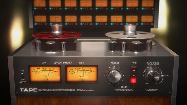 Softube Tape の画面。左右の VU メーター、AMOUNT のつまみ、A・B・C の TYPE 切り替え、TAPE SPEED（Plugin Boutique の製品画像）