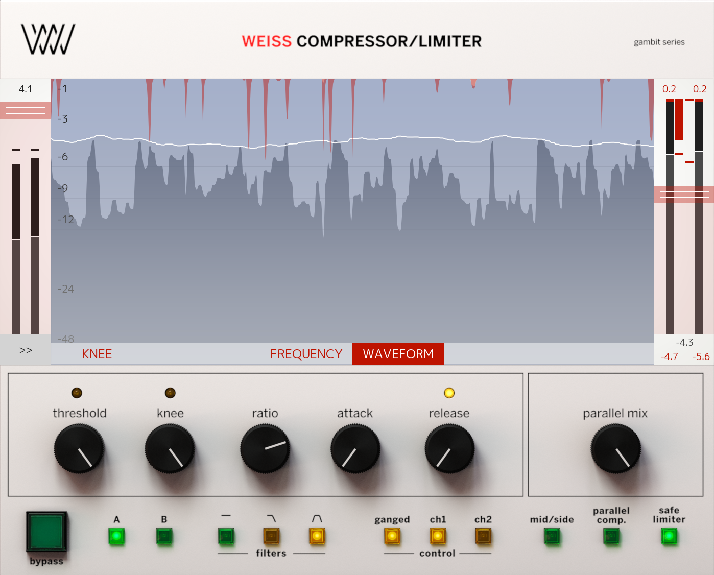 Softube Weiss Compressor/Limiterの画面。上に波形の表示、下にthreshold・knee・ratio・attack・releaseとparallel mixのつまみ、filters・mid/side・safe limiterなどのボタン（Softube公式の製品画像）