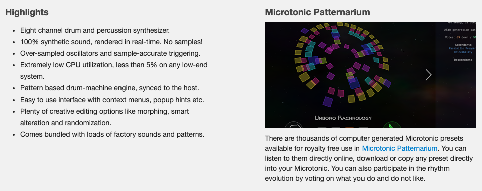 Sonic Charge 公式サイトの Microtonic の特長の一覧（8チャンネル・サンプルを使わない・CPU が軽い・パターンのエンジンなど）と、Patternarium の紹介